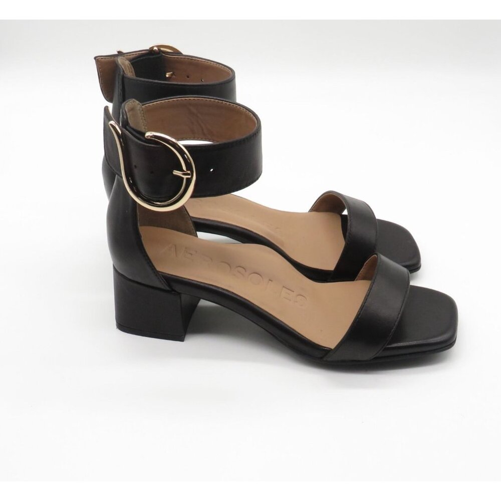 Aerosoles Eliza Women's Black Leather Block Heel Sandals Adjustable Strap 6.5 NE